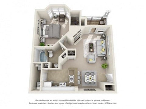 Floor plan for 1 bed, 1 bath, 752 sqft